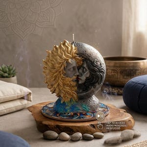 Op de afbeelding: Een sculpturale kaars met een tweekoppig ontwerp, met een gouden zonnefiguur aan de ene kant en een grijze maanfiguur aan de andere kant. De twee gezichten zijn in een kus geplaatst. De kaars staat op een ronde basis met een mozaïekpatroon.
