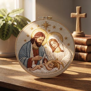 Peut inclure: Un tambour à broder circulaire présentant une représentation détaillée au fil de la Sainte Famille. Le motif montre une figure barbue en robe bleue et rouge et une figure en voile blanc, toutes deux avec des auréoles dorées, regardant un nourrisson.