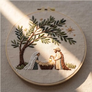 Puede incluir: Un bastidor de bordado circular que contiene un panel de tela con una escena de natividad bordada a mano. El diseño presenta un árbol grande con hojas verdes, estrellas doradas y figuras con túnicas sobre un pesebre con una linterna.