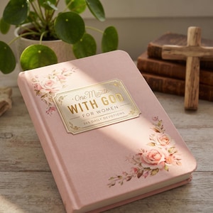 以下が含まれることがあります： One Minute WITH GOD FOR WOMEN 365 DAILY DEVOTIONSと書かれた金色の縁取りラベルが付いた薄いピンク色のデボーションブック。表紙には、淡いピンクのバラと緑の葉のイラストが角にプリントされています。