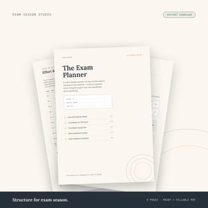 Könnte beinhalten: Ein digitaler Planer mit dem Titel The Exam Planner auf cremefarbenem Hintergrund mit schwarzem Text. Das Dokument enthält Abschnitte für Lernpläne, Countdowns und Tracker. Es zeichnet sich durch ein minimalistisches Layout mit feinen Linien aus.