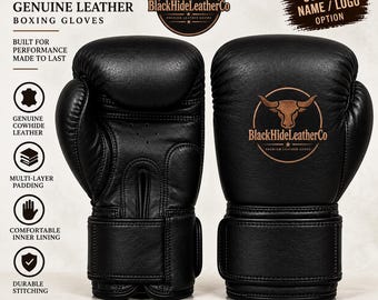 Gepersonaliseerde leren bokshandschoenen, bokshandschoenen van echt rundleer, met eigen naam en logo, zwarte trainingshandschoenen