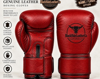 Personalized Leather Boxing Gloves, Genuine Cowhide Boxing Gloves, Custom Name & Logo, Red Training And Sparring Gloves