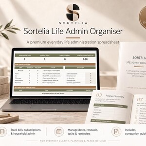 May include: A Sortelia Life Admin Organiser digital spreadsheet displayed on a laptop screen, accompanied by a printed companion guide. The interface features sections for open tasks, overdue items, and finance summaries in olive green and brown tones.