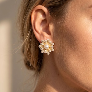 Maximalist Pearl Studs, Sparkly CZ Flower Earring, Sunburst Halo Jewelry, Statement Holiday Wear