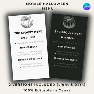 Puede incluir: Dos plantillas de menú verticales para Halloween, una con fondo blanco y otra con fondo negro. Cada una presenta un dibujo lineal de una calabaza en la parte superior, el texto THE SPOOKY MENU y secciones para APPETIZERS, MAIN COURSES y DRINKS & COCKTAILS.