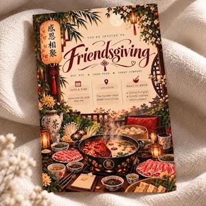 Einladungsvorlage für ein Hot-Pot-Essen mit Freunden | Asiatische Thanksgiving-Party | Bearbeitbare Canva-Vorlage (5x7 Zoll)