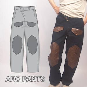 Puede incluir: Pantalones vaqueros azul oscuro con cintura asimétrica abotonada, dos bolsillos de cadera texturizados en marrón oscuro y grandes parches texturizados en las rodillas. El texto ARC PANTS aparece bajo una ilustración técnica gris claro.