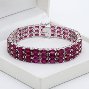 Three-Row Oval Ruby Tennis Bracelet, Sterling Silver Prong Setting, Anniversary Gift