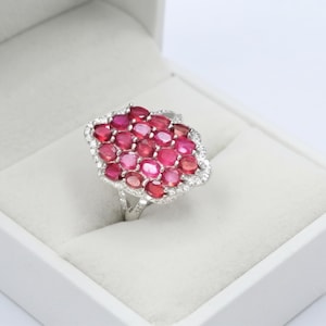 Sterling Silver Oval Ruby Cluster Cocktail Ring, Split Shank, White Topaz Accents