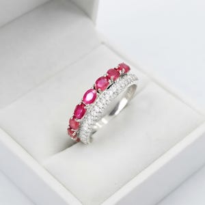 Sterling Silver Oval Ruby Ring, Pave White Topaz Accent, Double Band Design