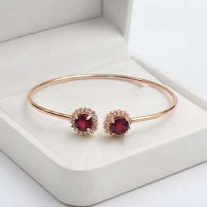 Two Natural Ruby Bypass Cuff Bracelet, Rose Gold Plated Sterling Silver, Round Cut (15 Words, Maximum 14)
