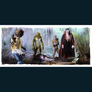 Può includere: Dipinto ad acquerello di classici mostri di film horror in una palude. La Creatura della Laguna Nera, una mummia, uno zombi e Dracula sono raffigurati in una scena con una bara. La firma dell'artista è visibile.