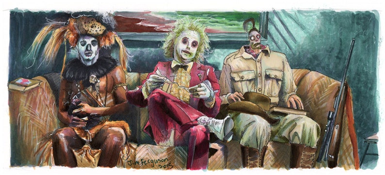 Puede incluir: Pintura a la acuarela de tres figuras disfrazadas sentadas en un sof&aacute; estampado. La figura central viste un traje rojo y tiene el pelo verde. Las otras figuras est&aacute;n disfrazadas, una con un tocado tribal y la otra con una camisa caqui. Un rifle se apoya en el sof&aacute;.