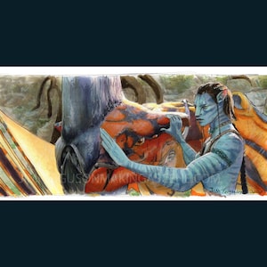 May include: Watercolor illustration of a Na'vi character from Avatar, touching a dragon-like creature. The Na'vi is blue with striped markings. The dragon is orange and black. The artwork is signed by Jim Ferguson.