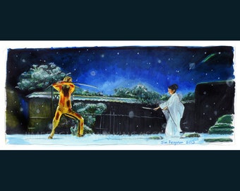 May include: A watercolor painting of two figures in a snowy landscape. The figure on the left is wearing a yellow and orange jumpsuit and holding a sword. The figure on the right is wearing a white robe and holding a sword. The background is a dark blue sky with stars and a snowy forest.