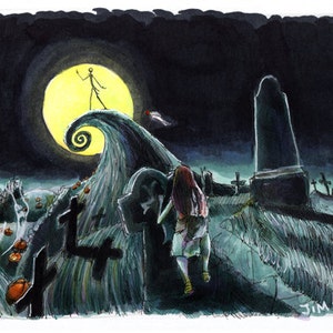 K&ouml;nnte beinhalten: Ein Aquarellbild einer gruseligen Halloween-Szene mit einem K&uuml;rbis-Mond, einer skelettartigen Figur auf einem H&uuml;gel und einem Friedhof mit einer Steingargouille. Das Bild ist signiert mit "JIM FERGUSON 2015".