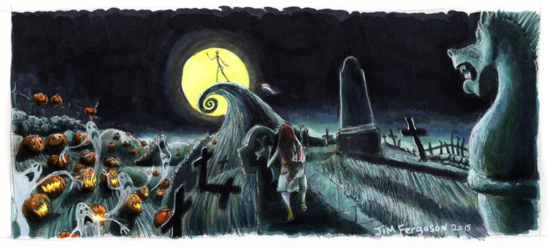 K&ouml;nnte beinhalten: Ein Aquarellbild einer gruseligen Halloween-Szene mit einem K&uuml;rbis-Mond, einer skelettartigen Figur auf einem H&uuml;gel und einem Friedhof mit einer Steingargouille. Das Bild ist signiert mit "JIM FERGUSON 2015".