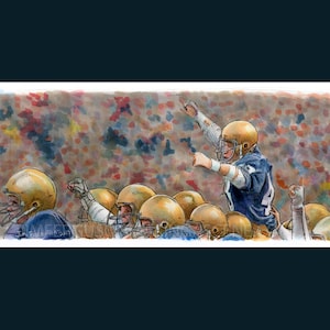 May include: A watercolor painting of a football player in a blue uniform celebrating a touchdown with his teammates. The player is raising his arms in the air and is surrounded by other players wearing gold helmets. The background is a crowd of people.