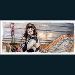 May include: A watercolor painting of a warrior holding a sword. The warrior has a painted face and is wearing a dark outfit. The background is a light gray with a rope and blood splatters.