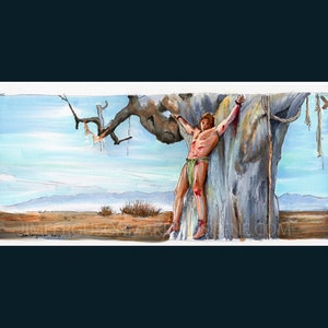 May include: A watercolor painting depicting a man tied to a tree with rope. The man is shirtless and has blood on his arms and torso. The tree is bare and has a few branches. The background is a blue sky with white clouds and a distant landscape.