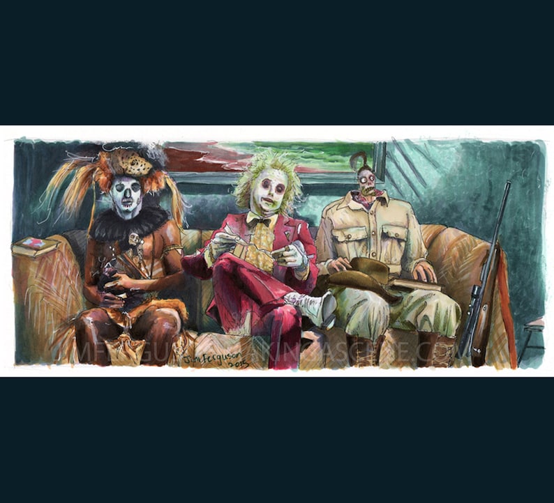 Puede incluir: Pintura a la acuarela de tres personajes de la pel&iacute;cula Beetlejuice, sentados en un sof&aacute; estampado. Los personajes est&aacute;n disfrazados, uno con un tocado tribal, otro con un traje rojo y el tercero con un atuendo caqui. Un rifle se apoya en el sof&aacute;.