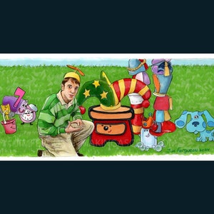 May include: A man wearing a blue and green striped shirt is kneeling in front of a red and yellow toy chest. The chest has a smiling face and a drawer. There are other toys around the chest, including a purple mailbox, a blue dog, and a red and white striped hat.