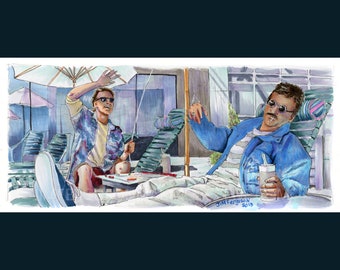 May include: Watercolor illustration of two people relaxing outdoors. One person is holding a fishing rod, the other is reclining in a chair, smoking, and holding a drink. The artwork is signed "JIM FERGUSON 2013".