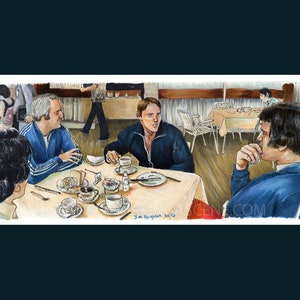 May include: A watercolor painting of three men sitting at a table in a restaurant. The men are having a conversation and drinking coffee. The painting is signed "Jim Ferguson 2016".