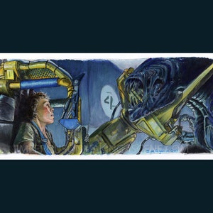 May include: A watercolor painting of a scene from the movie Alien. A woman in a blue jumpsuit is sitting in the pilot's seat of a spaceship. A large, black alien creature is reaching into the cockpit with its claws. The alien's mouth is open and its teeth are visible. The text "J.M. Tegucia 2017" is in the bottom right corner of the painting.