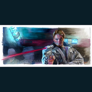 May include: A watercolor painting of a man holding a gun with a red laser beam. The man is wearing a blue jacket and has a serious expression on his face. The background is a dark blue and purple with a blurry light in the distance.