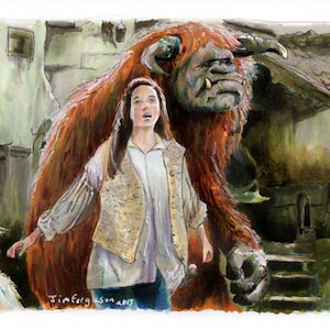 May include: Watercolor painting of a scene from the movie Labyrinth. A woman in a vest and shirt stands in a stone village, facing a large, furry creature. Other characters include a cat-like figure and a small, elderly man.