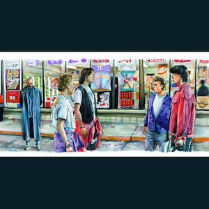 May include: A watercolor illustration of four people standing outside a store. The people are wearing casual clothing, including a red jacket, a blue jacket, a white shirt, and a black jacket. The store has a sign that says "LUCK DRAW 99c".