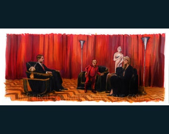 May include: A watercolor painting depicting a scene from the television show Twin Peaks. Three figures are seated in a room with red curtains and a black and white checkered floor. The figures are a man in a suit, a man in a red suit, and a woman in a black dress. The scene is lit by two lamps.