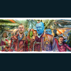 May include: A watercolor painting of a group of characters from the Guardians of the Galaxy movie. The characters are standing in a spaceship, and they are all looking at the viewer. The characters are wearing colorful costumes and have different skin tones. The painting is done in a realistic style.