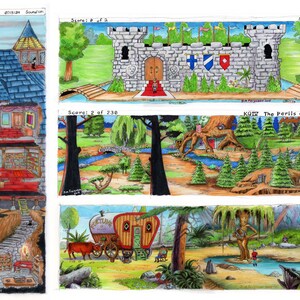 May include: A hand-drawn illustration of a video game scene. The scene is set in a forest with a river running through it. There is a large tree with a house built into it. The text "KOI The Perils of Rosella" is written at the top of the image.