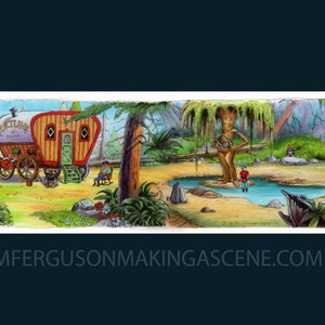 May include: A watercolor illustration of a red and yellow wagon with the words "Fortune Teller" on the side. The wagon is parked in a forest setting with a large tree with a human face and a small pond. There are two people sitting near the wagon and a person standing near the tree.