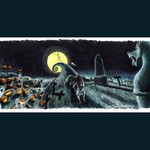 K&ouml;nnte beinhalten: Ein Aquarellbild einer gruseligen Halloween-Szene mit einem Friedhof, einem Vollmond und einer Figur, die auf einem H&uuml;gel steht. Die Figur h&auml;lt einen K&uuml;rbis und ist von Geistern umgeben. Der Text "Jim Ferguson 2015" befindet sich in der rechten unteren Ecke des Bildes.