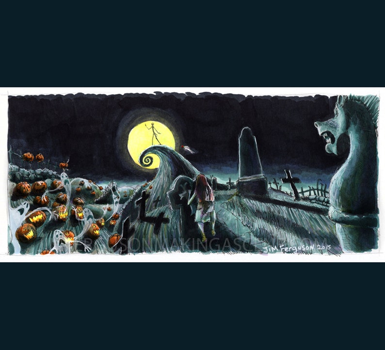 K&ouml;nnte beinhalten: Ein Aquarellbild einer gruseligen Halloween-Szene mit einem Friedhof, einem Vollmond und einer Figur, die auf einem H&uuml;gel steht. Die Figur h&auml;lt einen K&uuml;rbis und ist von Geistern umgeben. Der Text "Jim Ferguson 2015" befindet sich in der rechten unteren Ecke des Bildes.