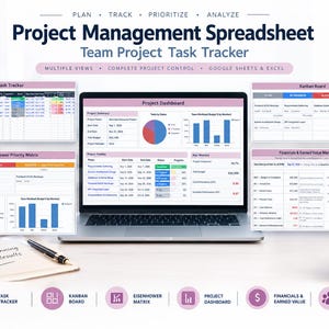 Puede incluir: Una hoja de cálculo de gestión de proyectos digital para Google Sheets y Excel en la pantalla de un portátil, que incluye un panel de control, seguimiento de tareas, tablero Kanban, matriz de prioridades y herramientas de gestión financiera.
