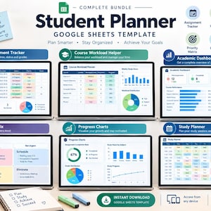 Może przedstawiać: Cyfrowy pakiet szablonów Google Sheets dla studentów, zawierający sześć ekranów laptopów wyświetlających śledzenie zadań, pomoc w obciążeniu kursem, pulpit akademicki, macierz priorytetów, wykresy postępów oraz planer nauki w niebiesko-białej kolorystyce.