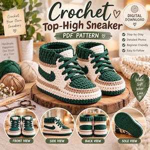 Peut inclure: Un modèle PDF à télécharger pour des baskets montantes au crochet. Le patron inclut des instructions pour créer des chaussures montantes en fil vert foncé, crème et beige, avec des photos détaillées, des guides étape par étape et des vues.