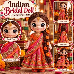 May include: A crochet doll wearing an orange and pink lehenga with gold floral embroidery. The doll has brown hair in a side braid with orange flowers, large dark eyes, and gold jewelry. The image includes text reading Indian Bridal Doll.