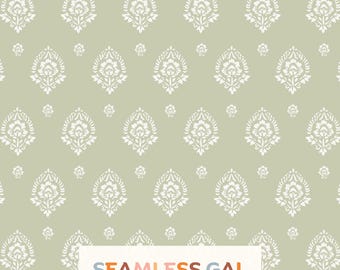 Light Sage Green Damask Seamless Pattern, Vintage Floral Block Print Design (Digital Download)