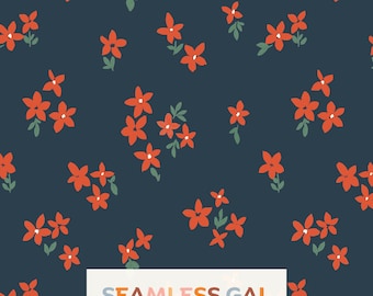 Navy Blue Small Ditsy Poinsettia Red Floral Seamless Pattern, Simple Folk Flower Design (Digital Download)