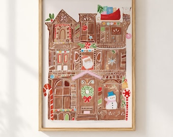 Gingerbread House Christmas Printable Wall Art, Whimsical Winter Holiday Decor Print For Kids , Santa Snowman Design (Digital Download)