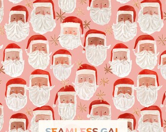 Hand-Painted Santa Faces Seamless Pattern, Watercolor Christmas Pink Design (Digital Download)