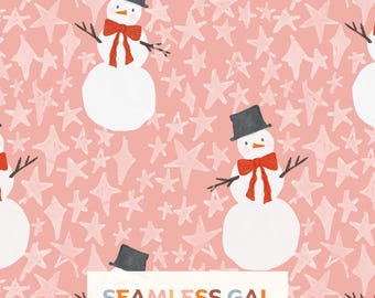 Whimsical Pink Snowman Christmas Seamless Pattern, Whimsical Holiday Stars Design (Digital Download)
