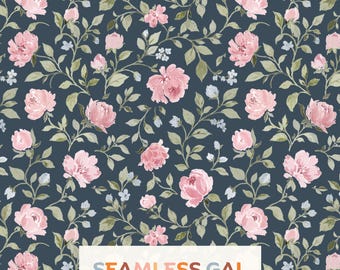 Pink And Sage Navy Blue Rose Floral Seamless Pattern, Romantic Watercolor Cottage Garden Design (Digital Download)