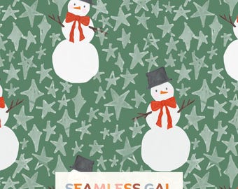 Whimsical Snowman Christmas Seamless Pattern, Green Winter Holiday Stars Design (Digital Download)